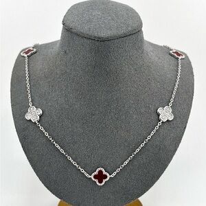 925 Sterling Silver Luxury Maroon Red Clover Necklace